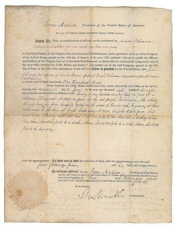 Lot #6 James Madison: Hundred–acre land grant for