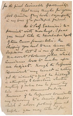 Lot #279 Henry M. Stanley: Response to an inquiry on a talking chimpanzee - Image 2