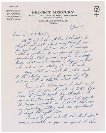 Lot #430 Gus Grissom: Rare handwritten letter to his brother, a soon-to-be McDonnell employee: “Old man McDonald expects big things from his new automation center” - Image 1