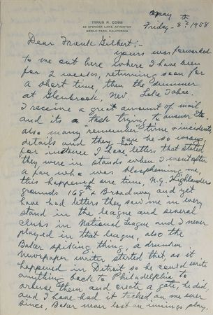 Lot #875 Ty Cobb: Cobb’s defense of “the