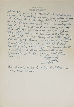 Lot #875 Ty Cobb: Cobb?s defense of ?the ?terrible? spiking of Baker? - Image 3
