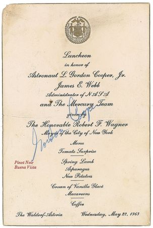 Lot #441 Gordon Cooper and Scott Carpenter Menus - Image 1