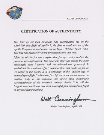 Lot #6205 Walt Cunningham’s Apollo 7 Flown Flag - Image 2