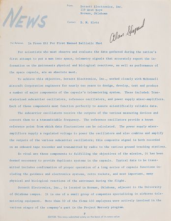 Lot #6069 Alan Shepard Signed Press Release - Image 1