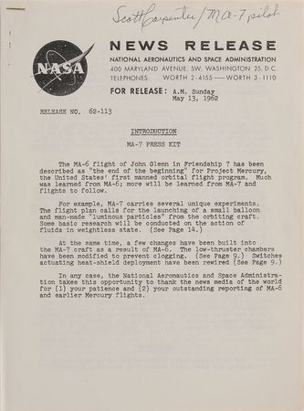 Lot #6087 Scott Carpenter Signed Press Kit and Photograph - Image 2