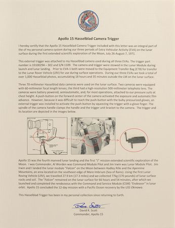 Lot #6365 Dave Scott?s Apollo 15 Lunar Surface-Used Hasselblad Trigger - Image 7