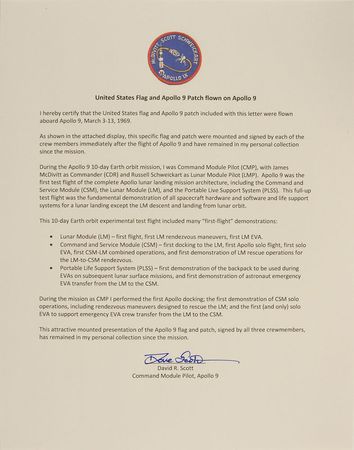 Lot #6222 Dave Scott’s Apollo 9 Flown Flag and Patch Signed Presentation - Image 2