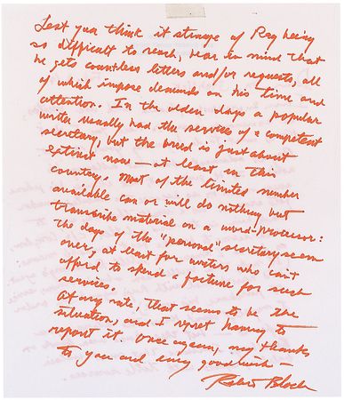Lot #582 Robert Bloch: “Ray [Bradbury] is adamant about not allowing his address to be given out, and changes his phone number every month” - Image 1