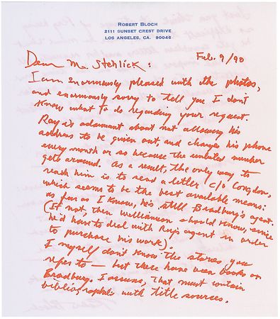 Lot #582 Robert Bloch: “Ray [Bradbury] is adamant about not allowing his address to be given out, and changes his phone number every month” - Image 2