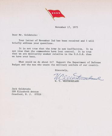 Lot #392 William C. Westmoreland: ?It is true that we are militarily weaker relative to the U.S.S.R.? - Image 2