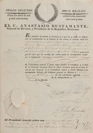 Lot #298 Anastasio Bustamante, Juan Almonte, and Vicente Filisola Signed Document - Image 1