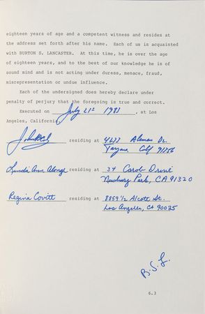 Lot #7354 Burt Lancaster?s Will Signed Document - Image 2