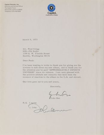 Lot #7014 John Lennon and Yoko Ono Typed Letter