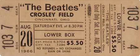 Lot #7042 Beatles 1966 Crosley Field Unused Concert Ticket - Image 1