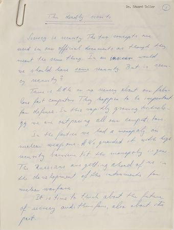 Lot #31 Edward Teller: Prescient essay on security