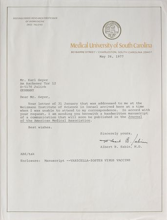 Lot #34 Albert Sabin Typed Letter Signed - Image 1