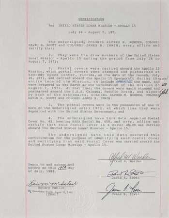 Lot #52 Dave Scottâ??s Apollo 15 Lunar Surface-Flown Sieger Cover: 