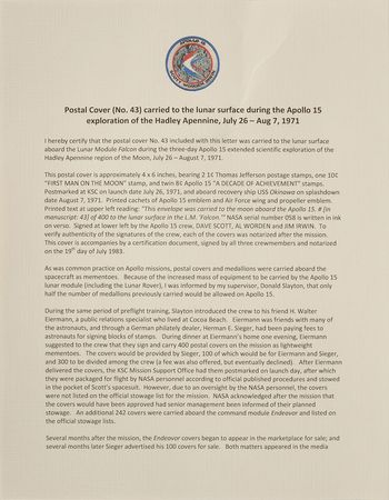 Lot #52 Dave Scottâ??s Apollo 15 Lunar Surface-Flown Sieger Cover: 