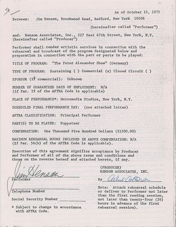 Lot #725 Jim Henson Signed Document - Image 1