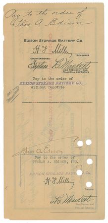 Lot #40 Thomas Edison: $100,000 check from Edison’s battery company - Image 1