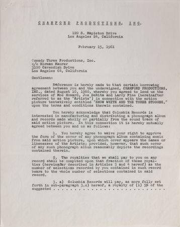 Lot #685 Three Stooges: Soundtrack agreement for “Snow White and the Three Stooges” - Image 1