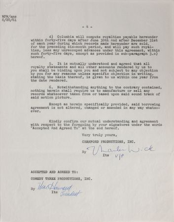 Lot #685 Three Stooges: Soundtrack agreement for “Snow White and the Three Stooges” - Image 4