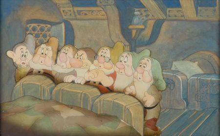 Lot #413 Dopey, Happy, Sneezy, Grumpy, Doc, Bashful, and Sleepy production cel from Snow White and the Seven Dwarfs: Magnificent original cel featuring all seven dwarfs - Image 1