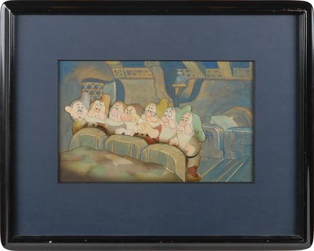 Lot #413 Dopey, Happy, Sneezy, Grumpy, Doc, Bashful, and Sleepy production cel from Snow White and the Seven Dwarfs: Magnificent original cel featuring all seven dwarfs - Image 2