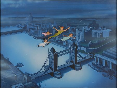 Lot #458 Peter Pan, Wendy, John, and Michael production cel from Peter Pan: Peter Pan and friends soar over London - Image 1