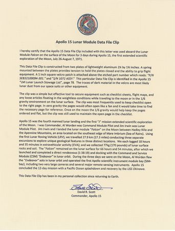 Lot #58 Dave Scottâ??s Apollo 15 Lunar Surface-Flown LM Data File Clip: File clip used during Apollo 15â??s three-day stay on the lunar surface - Image 4