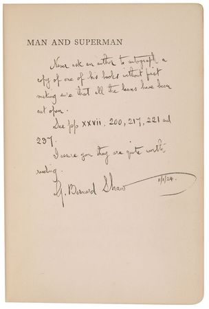 Lot #529 George Bernard Shaw: ?Never ask an author to autograph a copy of one of his books,? urges Shaw, ?without first making sure that all the leaves have been cut open? - Image 1