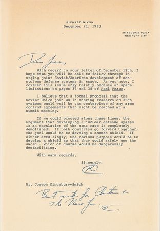 Lot #120 Richard Nixon: ?The argument that developing a nuclear defense system is an escalation of the arms race is completely demolished? - Image 1