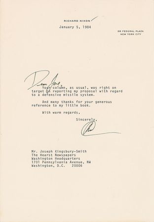 Lot #120 Richard Nixon: ?The argument that developing a nuclear defense system is an escalation of the arms race is completely demolished? - Image 2