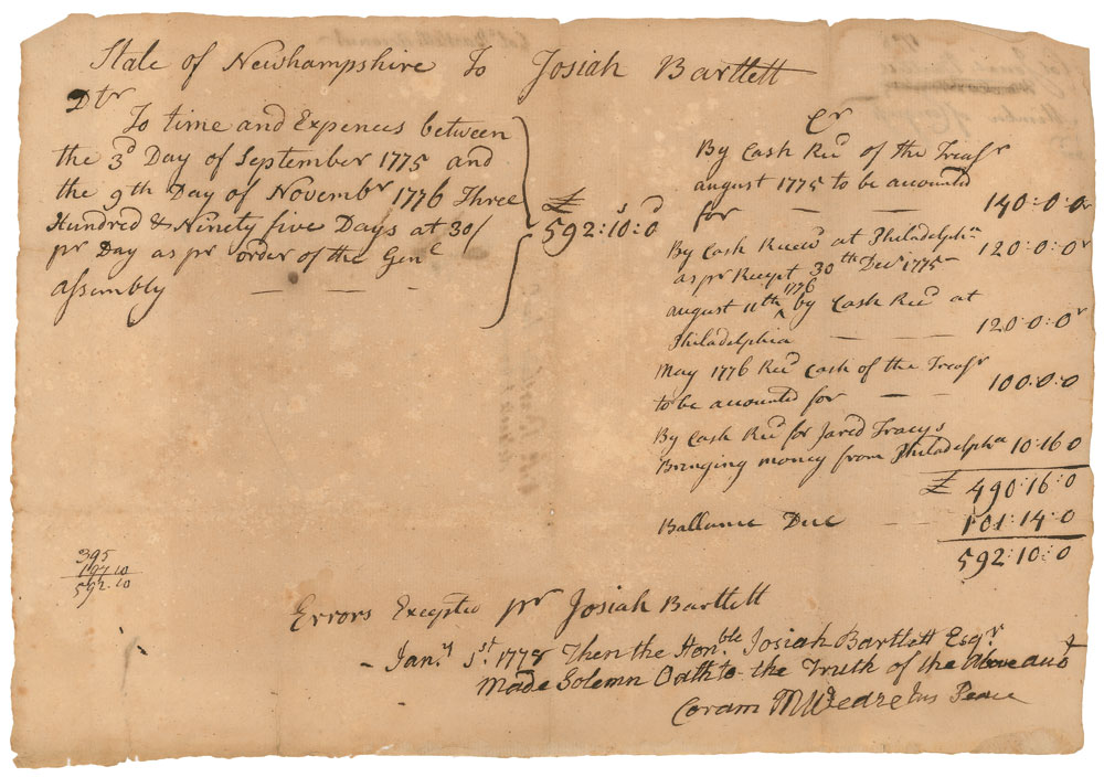 Lot 111 New Hampshire: Josiah Bartlett: Paid on ?August 11th, 1776 by Cash Rec?d at Philadelphia? for signing the Declaration of Independence