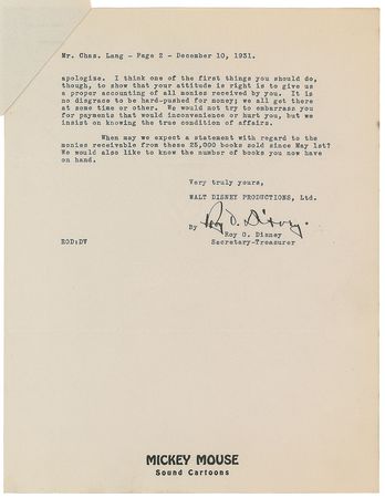 Lot #404 Roy O. Disney: Early letter relating to the sales of ?24,994 copies of the Mickey Mouse Book? - Image 1