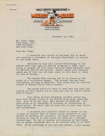 Lot #404 Roy O. Disney: Early letter relating to the sales of ?24,994 copies of the Mickey Mouse Book? - Image 2