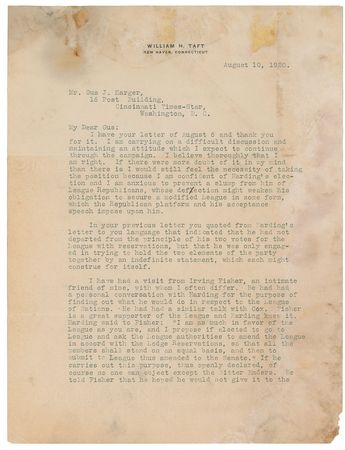 Lot #40 William H. Taft: “I hope I am helping some Republicans to save their conscience and vote for Harding” - Image 1