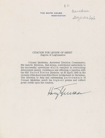 Lot #49 Harry S. Truman: Truman presents the Legion of Merit to a Red Army commander - Image 1