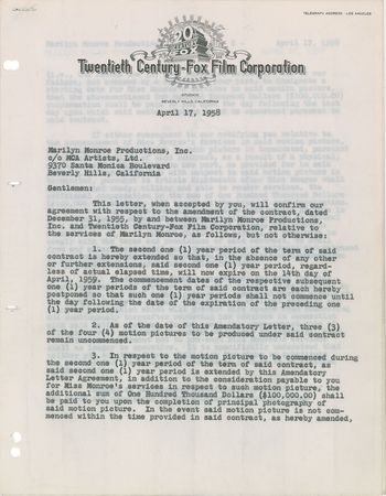 Lot #675 Marilyn Monroe: Twice-signed contract alluding to Some Like It Hot - Image 1