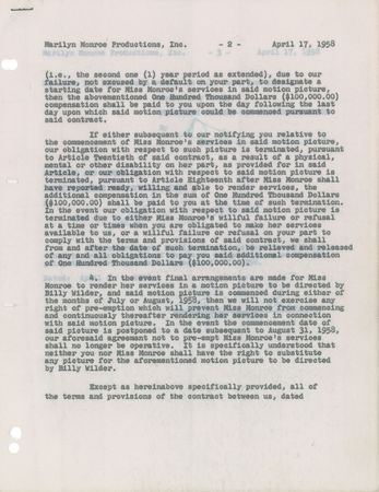 Lot #675 Marilyn Monroe: Twice-signed contract alluding to Some Like It Hot - Image 2