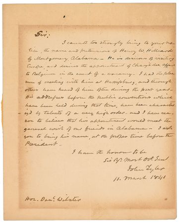 Lot #12 John Tyler: A letter to Daniel Webster