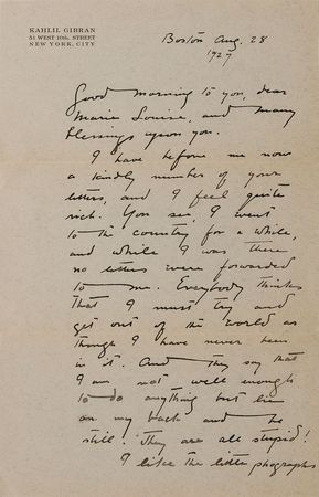 Lot #415 Kahlil Gibran: ?Your tresses, like molten gold, falling from heaven to the earth, will be a pleasant sight to the gods of this world? - Image 3