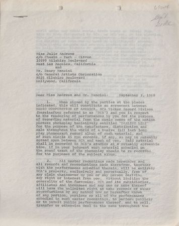 Lot #702 Julie Andrews and Henry Mancini Signed Document - Image 1