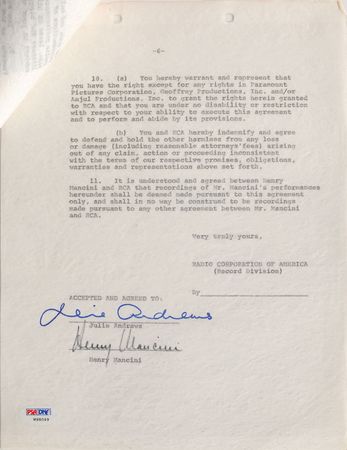 Lot #702 Julie Andrews and Henry Mancini Signed Document - Image 2