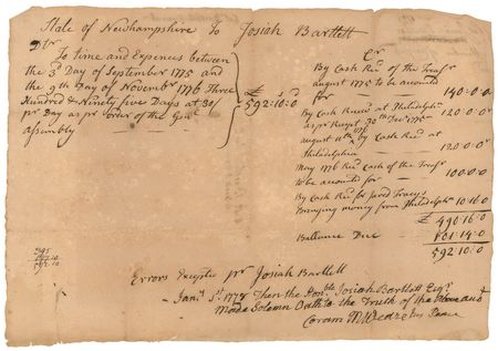 Lot #111 New Hampshire: Josiah Bartlett: Paid on ?August 11th, 1776 by Cash Rec?d at Philadelphia? for signing the Declaration of Independence - Image 1