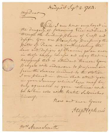 Lot #118 Rhode Island: Stephen Hopkins: Rhode Island?s scarce signer writes to his future wife in 1754 - Image 1