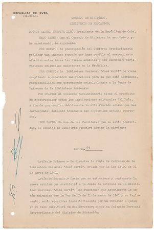 Lot #195 Fidel Castro: Immediately after taking power in 1959, Castro reforms the ?Jose Marti National Library? - Image 1