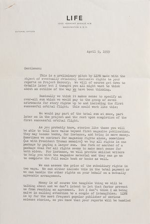 Lot #370 Mercury Astronaut LIFE Magazine Pitch Letter: Life Magazineâ??s pitch letter to the prospective astronauts of Project Mercury - Image 1
