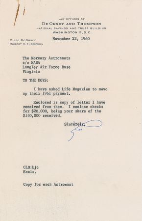 Lot #371 Mercury Astronauts LIFE Magazine Payment Letter: The Mercury Seven receive their first Life Magazine payment - Image 1