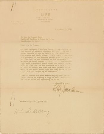 Lot #371 Mercury Astronauts LIFE Magazine Payment Letter: The Mercury Seven receive their first Life Magazine payment - Image 2